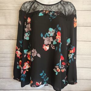 Apt 9 M black floral chiffon lace Yoke Y2K cottagecore bell blouse